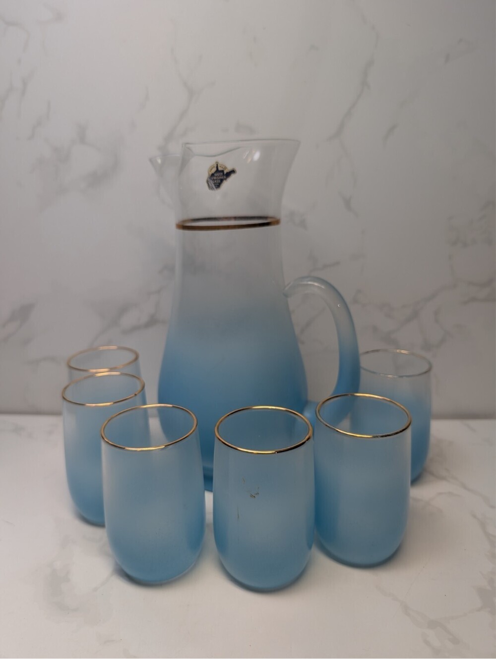 NOS West Virginia Glass Blendo Blue Pitcher 6 Tumblers Gold Rim MCM 7 Pc